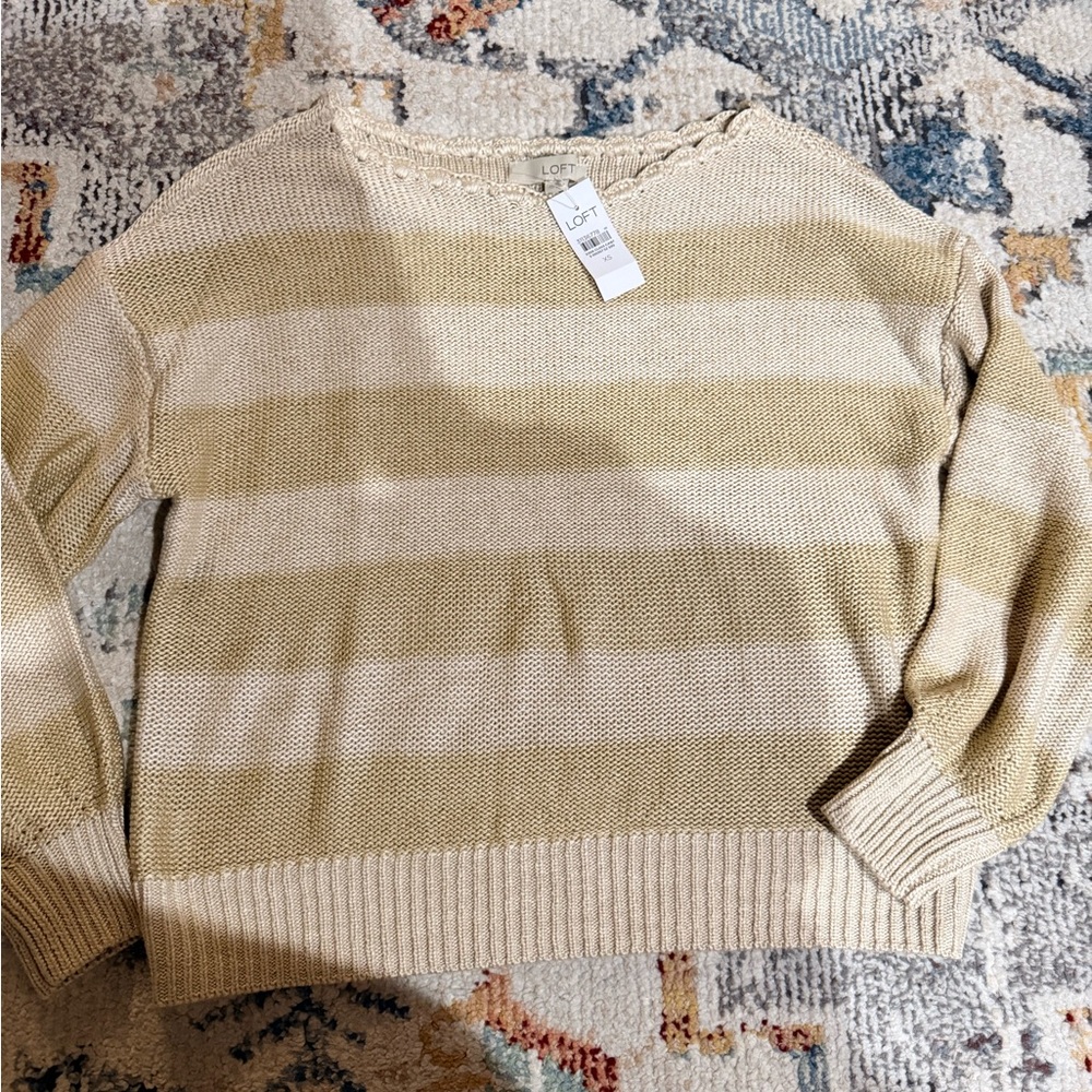 LOFT Women's Sweater - Cream and Tan Stripes